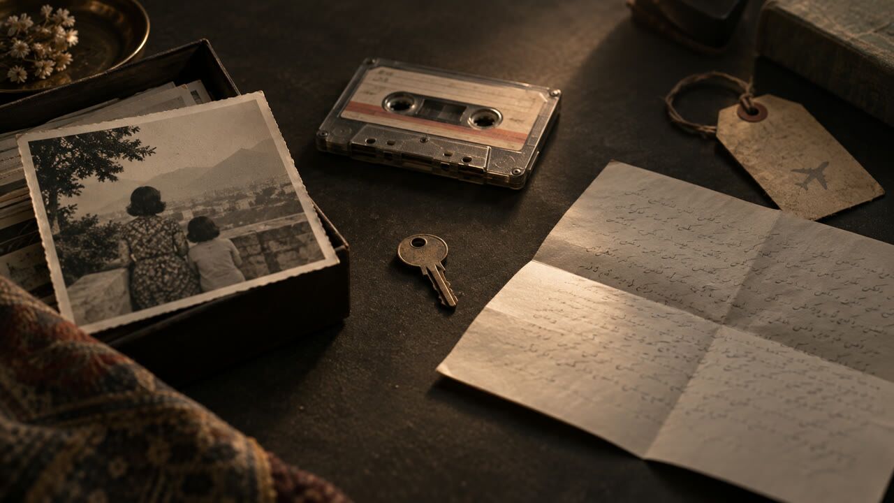 Conceptual archive still life with a family photograph, letter, cassette, and key