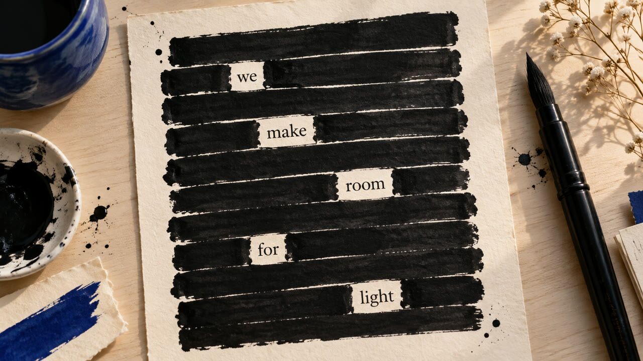 Illustration of a poem emerging from words left visible on a blacked-out page
