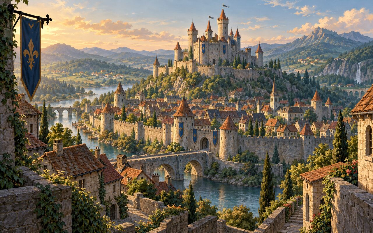 Concept artwork for CleanCity showing a medieval walled town and castle