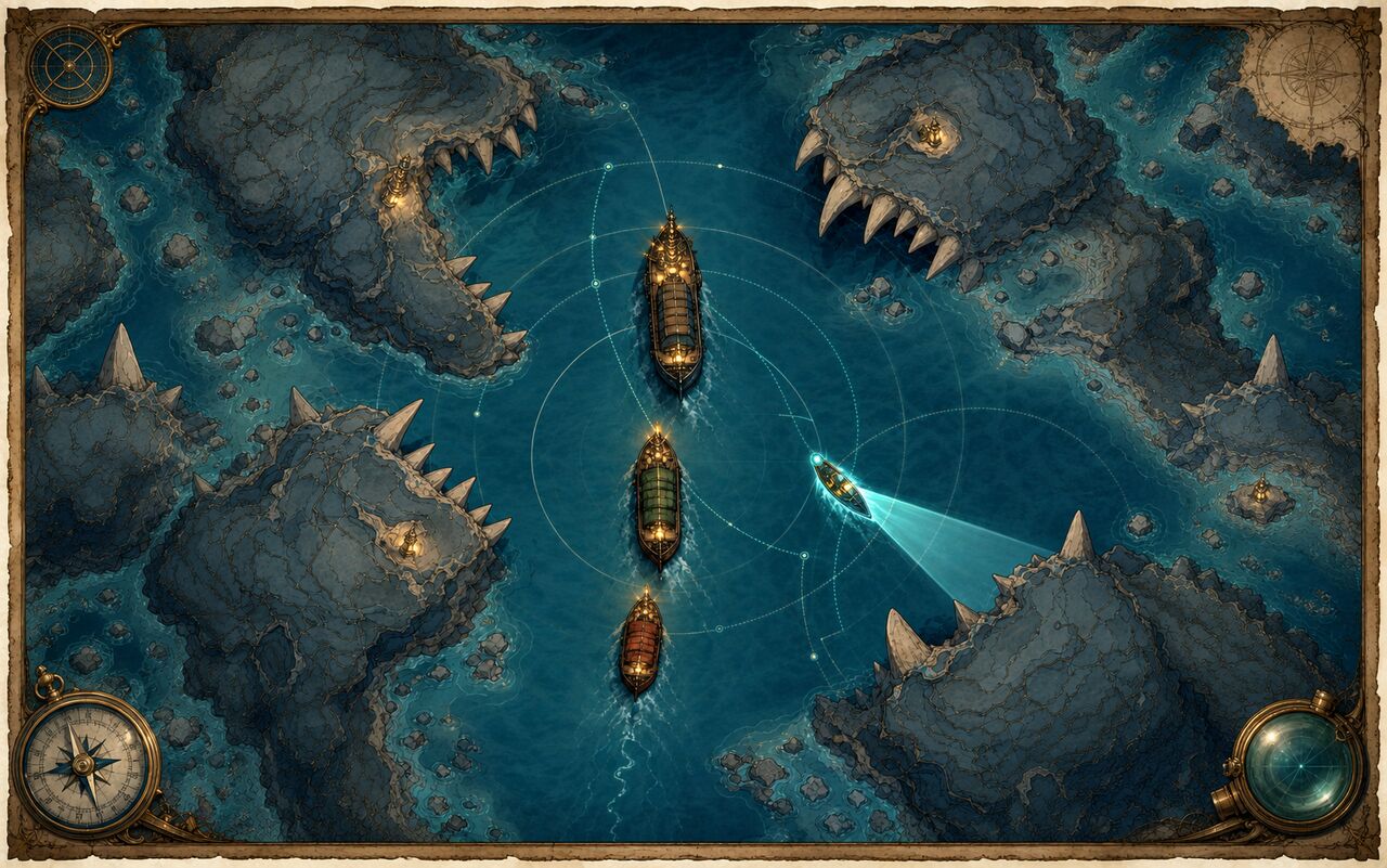 Wide Narrows of Karabeth artwork: ships travel through a dark channel between rocky, tooth-like cliffs