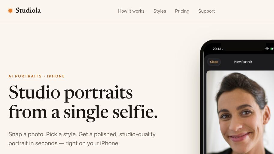 The Studiola website: studio portraits from a single selfie, shown on an iPhone